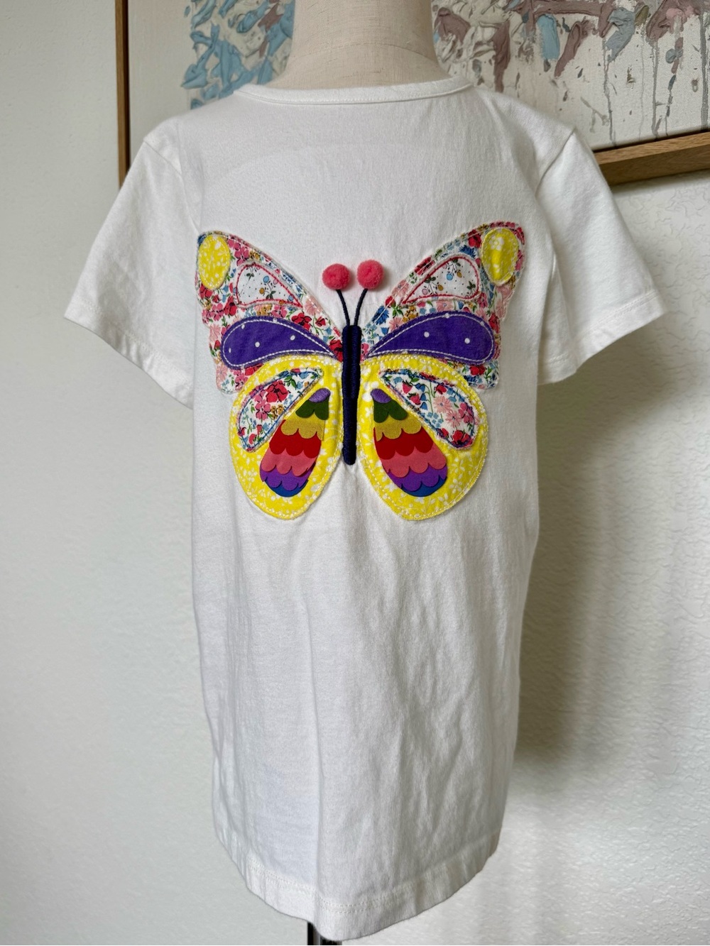 Mini Boden White Tee with Colorful Butterfly Appliqué